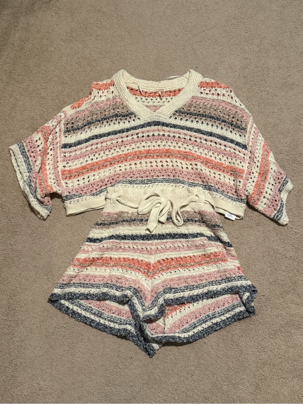 Free People Striped Crochet Knit Sweater Shorts Set Women’s Size L Boho